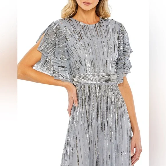 MAC DUGGAL 93582 EMBELLISHED FULL LENGTH LAYERED SLEEVE SLATE BLUE GOWN SIZE 14